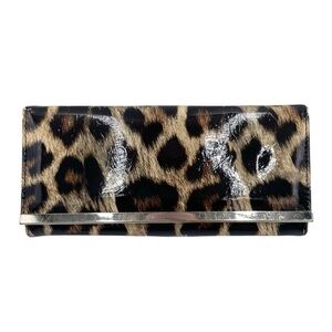 Women's Leopard Print Faux Patent Leather Organizational Foldover Wallet Clutch